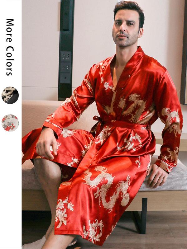 Men's All Over Dragon Print Satin Longsleeves Loungewear Robe with Waist Belt Design, Casual Regular Fit Long Sleeve Shawl Collar Dressing Gown,  Skims Menswear, Male Nightwear, Summer Men's Sleepwear, Menswear