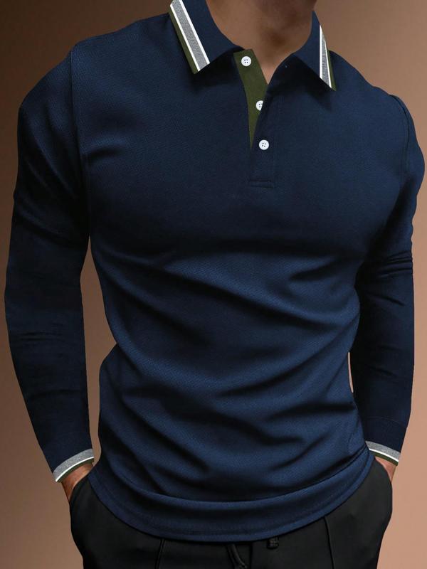 Men's Contrast Binding Polo Shirt, Regular Fit Casual Long Sleeve Button Top, Mens Clothes for Daily Wear