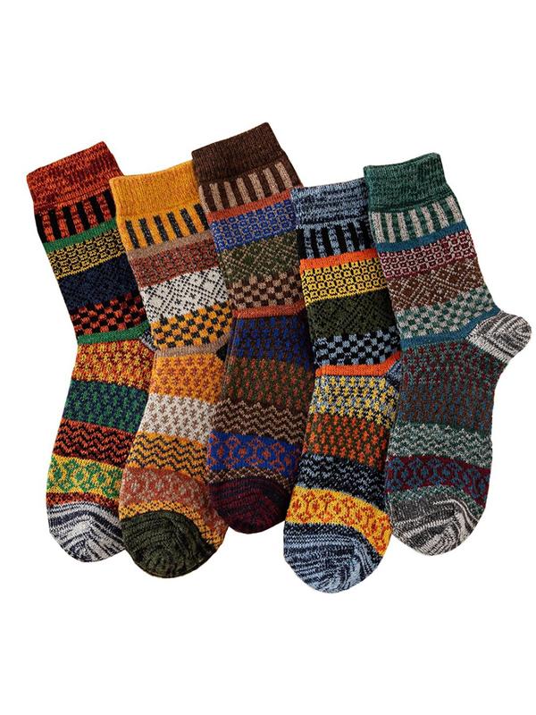 Men's 5 Pairs Vintage Warm Ethnic Pattern Crew Socks, Casual Soft Comfortable Breathable Mid-calf Socks For Daily Wear, Stylish Menswear, Men's Socks & Hosiery