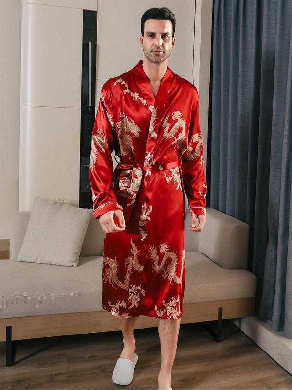 Men's All Over Dragon Print Satin Longsleeves Loungewear Robe with Waist Belt Design, Casual Regular Fit Long Sleeve Shawl Collar Dressing Gown,  Skims Menswear, Male Nightwear, Summer Men's Sleepwear, Menswear