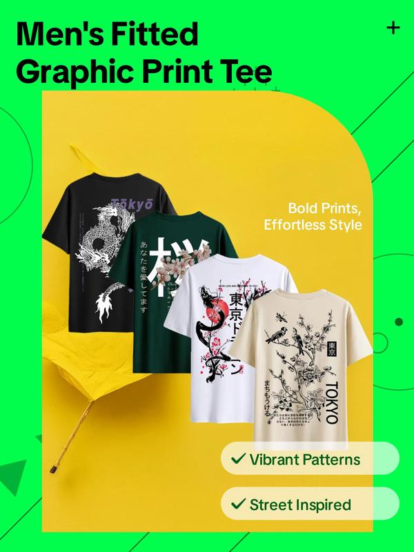 Men's Regular Fit Letter & Dragon & Bird & Floral Print Round Neck Tshirt,  Graphic Tees for Men, Men's Graphic Tees, Mufti Clothes, Street Soft Short Sleeve T-shirt for Daily Wear, Graphic Tees, Men's Summer Clothes Birthday Gifts Coolfashionguy 70s