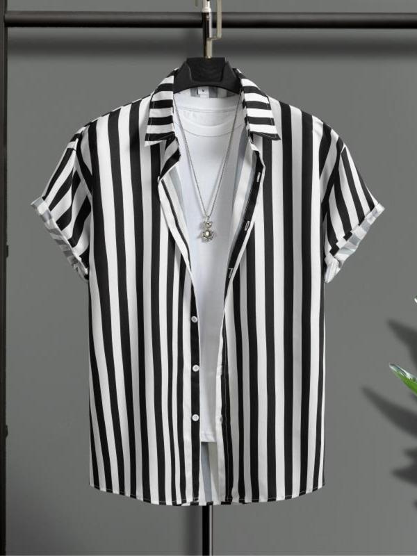 Men's Striped Print Button Front Batwing Sleeve Shirt Without Tee & Necklace, Summer Clothes, Loose Soft Comfortable Collared Short Sleeve Top For Summer, Fashion Casual Men's Clothes For Daily Wear