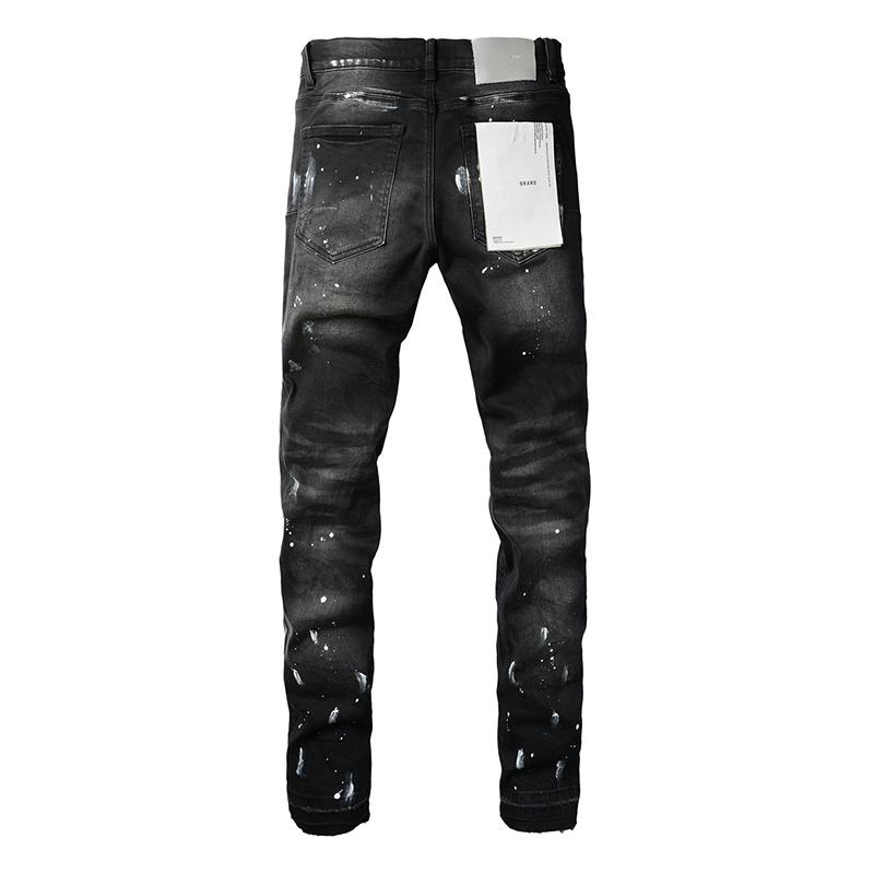 Men's American Streetwear Distressed Black Skinny Splash Paints Holes Button Fly Ripped Jeans Pants