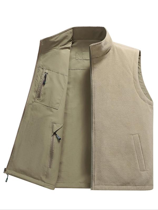 Men's Solid Color Zip Up Thermal Lined Reversible Vest Jacket, Regular Fit Casual Pocket Stand Collar Sleeveless Outerwear for Fall & Winter, Men's Clothes for Daily Wear