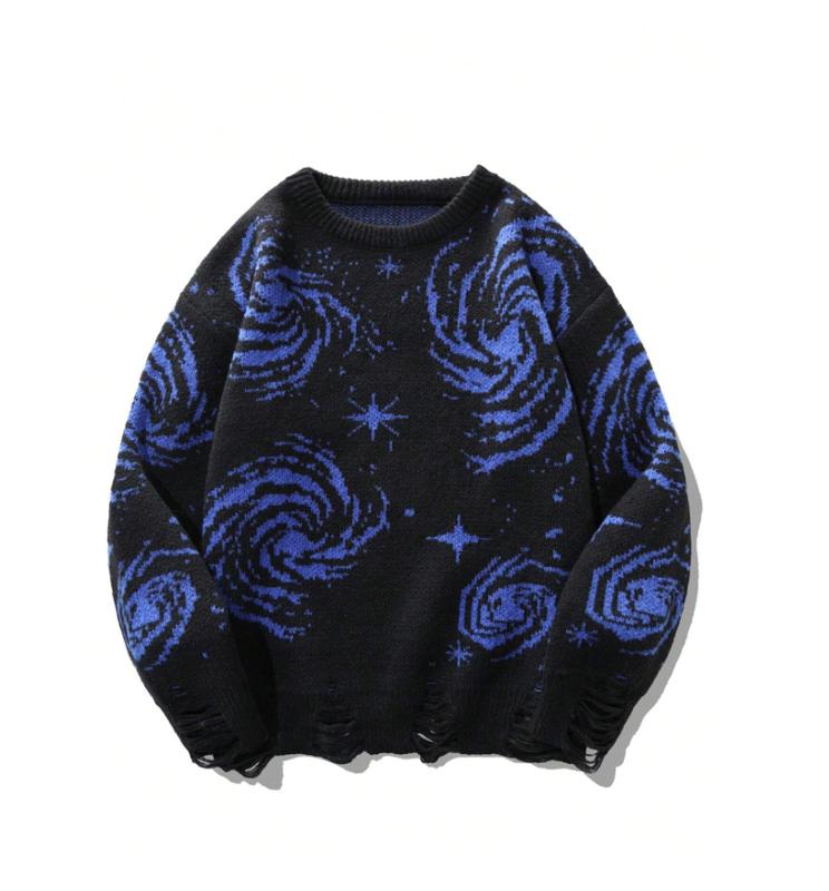 Unisex Galaxy Pattern Drop Shoulder Sweater, Casual Mens and Womens Crew Neck Long Sleeve, Sytlish, Knitwear, Graphic, Streetwear