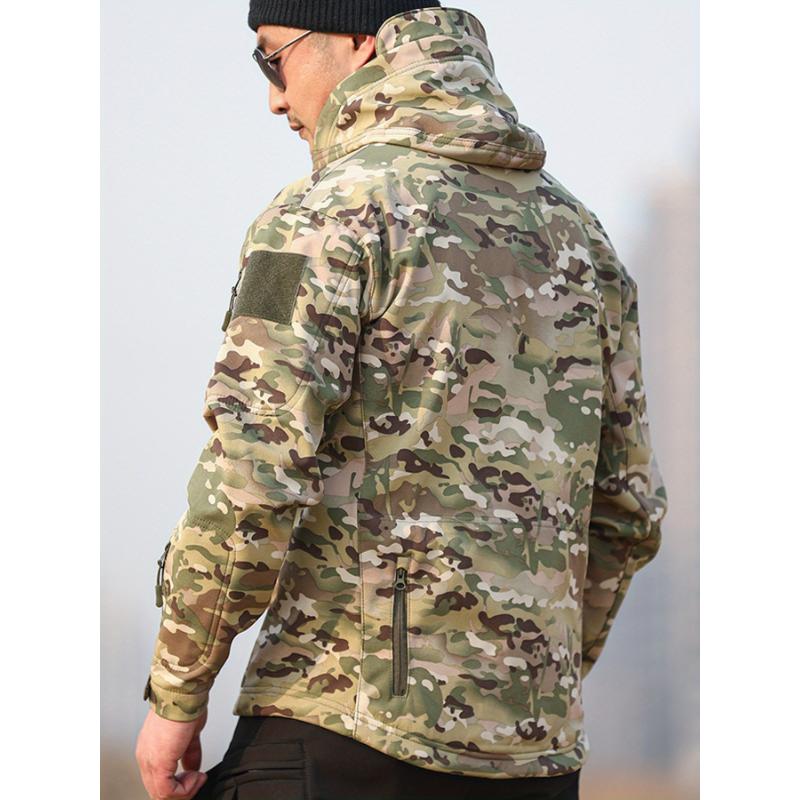 Men's Ultimate Camo Sharkskin Outfit - Windproof, Waterproof, Warm & Breathable Hooded Jacket with Fleece-Lined Pants Set for Hiking, Hunting, Camping | Durable, Comfortable & Versatile