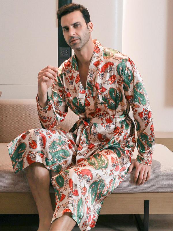 Men's All Over Dragon Print Satin Longsleeves Loungewear Robe with Waist Belt Design, Casual Regular Fit Long Sleeve Shawl Collar Dressing Gown,  Skims Menswear, Male Nightwear, Summer Men's Sleepwear, Menswear