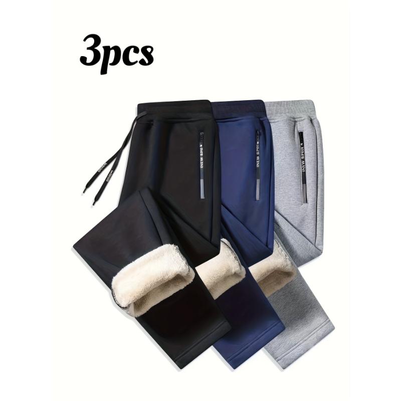 3pcs Men's Fleece Lined Solid Jogger Pants With Drawstring, Casual Thickened Trousers As Gift