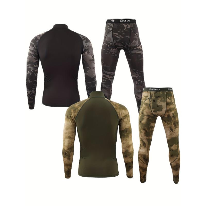 2 Pcs Premium Men's Thermal Underwear Set - Green Camo Sports Bodybuilding Essentials for Cold Weather - 1 4 Zip Neckline Shirt and Leggings for Fitness Enthusiasts Fabric Menswear Fabric Menswear