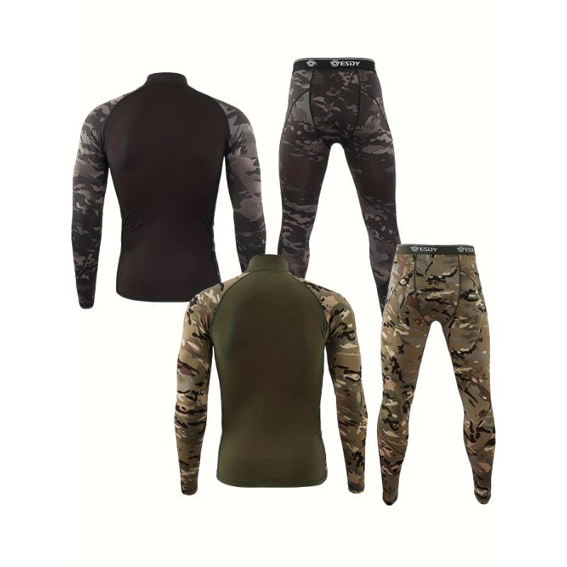 2 Pcs Premium Men's Thermal Underwear Set - Green Camo Sports Bodybuilding Essentials for Cold Weather - 1 4 Zip Neckline Shirt and Leggings for Fitness Enthusiasts Fabric Menswear Fabric Menswear