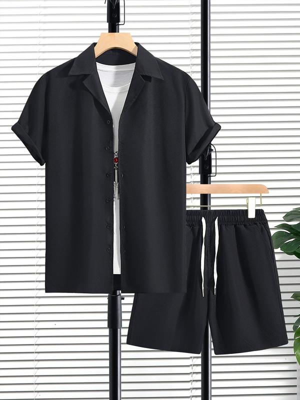 2 Piece Set Men's Regular Fit 2pcs Summer Clothes, Plain Button Front Lapel Collar Shirt & Drawstring Shorts Set, Casual Short Sleeve Top & Elastic Waist Pants, Two-piece Outfits for Summer Daily Wear