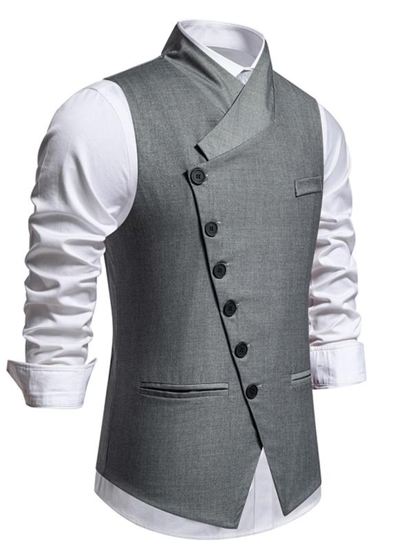 Men's Regular Fit Solid Button Front Vest Blazer without Shirt & Tie, Business Formal Suit Vest, Pocket Design Waistcoat for Men, Menswear for Spring & Fall