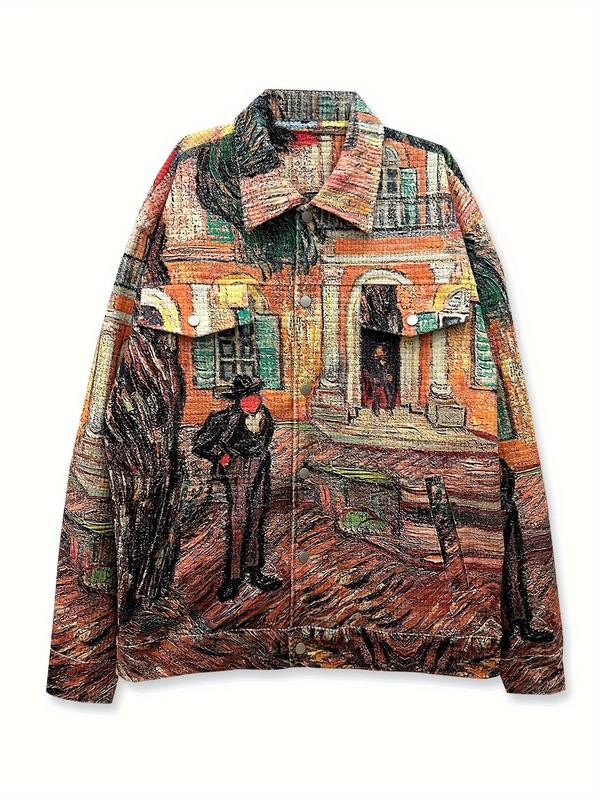 Men's All Over Print Button Front Pocket Corduroy Jacket, Loose Casual Drop Shoulder Long Sleeve Outerwear for Fall & Winter, Men's Clothes for Daily Wear