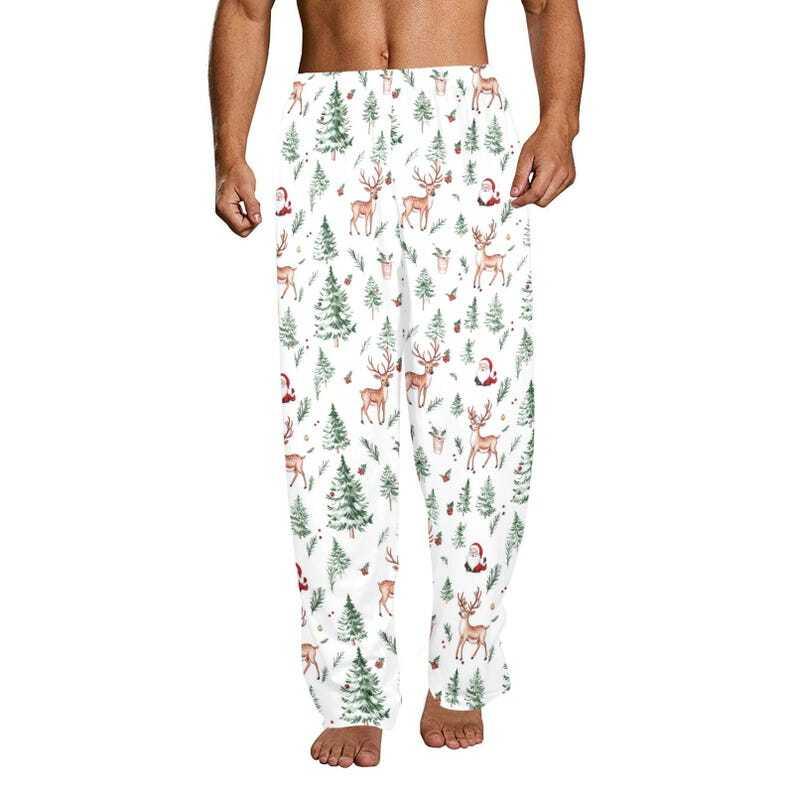 White Christmas Men Pajamas Pants, Santa Claus Trees Reindeer Xmas PJ Pockets Sleep Lounge Trousers Guys Male Matching Sleepwear Bottoms, XS-5XL