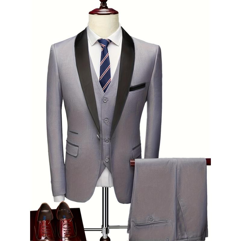 3pcs Classic Dress Suit Set For Men, Shawl Lapel, Slim Fit, Formal Wear Menswear Sleeve