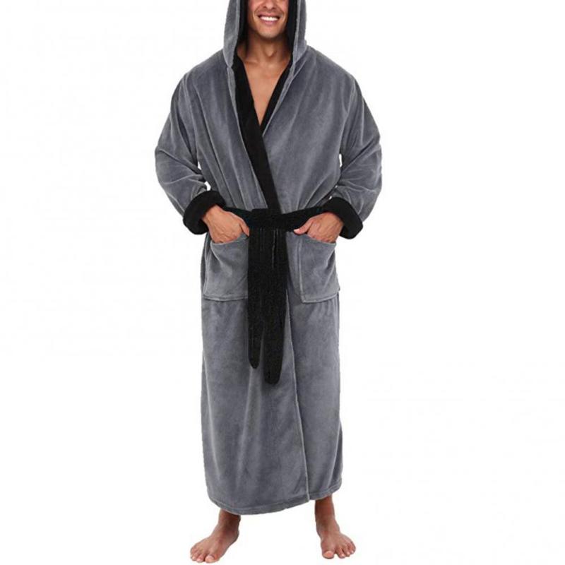 Men Soft Coral Fleece Color Block Pockets Long Bath Robe Home Gown Sleepwear