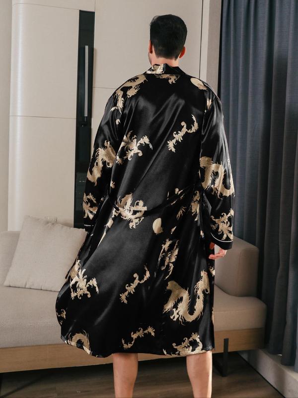 Men's All Over Dragon Print Satin Longsleeves Loungewear Robe with Waist Belt Design, Casual Regular Fit Long Sleeve Shawl Collar Dressing Gown,  Skims Menswear, Male Nightwear, Summer Men's Sleepwear, Menswear