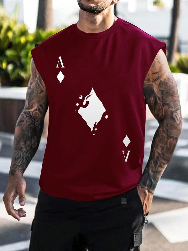 Men's Playing Card Print Round Neck Sleep Tank Top, Summer Clothes, Casual Soft Comfortable Back To School Regular Fit Sleeveless Sleep Top for All Seasons, Menswear Loungewear for Daily Wear