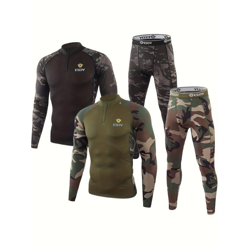 2 Pcs Premium Men's Thermal Underwear Set - Green Camo Sports Bodybuilding Essentials for Cold Weather - 1 4 Zip Neckline Shirt and Leggings for Fitness Enthusiasts Fabric Menswear Fabric Menswear