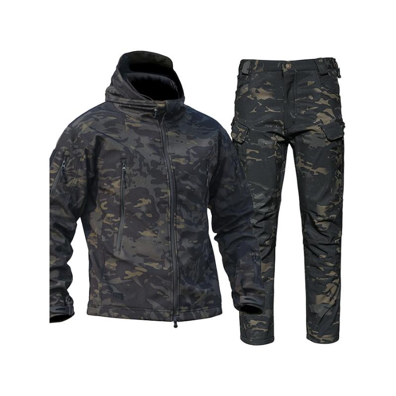 Men's Ultimate Camo Sharkskin Outfit - Windproof, Waterproof, Warm & Breathable Hooded Jacket with Fleece-Lined Pants Set for Hiking, Hunting, Camping | Durable, Comfortable & Versatile