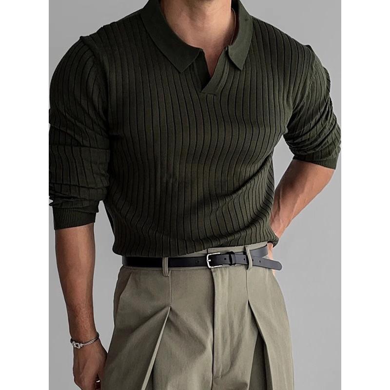 Solid Color Thread Stretch Lapel Slim Fit Pullover Knitted T-shirt Men's Spring and Autumn New Casual T-shirt Fashion