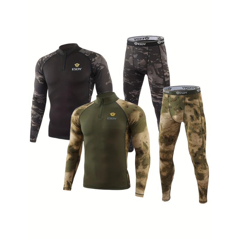 2 Pcs Premium Men's Thermal Underwear Set - Green Camo Sports Bodybuilding Essentials for Cold Weather - 1 4 Zip Neckline Shirt and Leggings for Fitness Enthusiasts Fabric Menswear Fabric Menswear