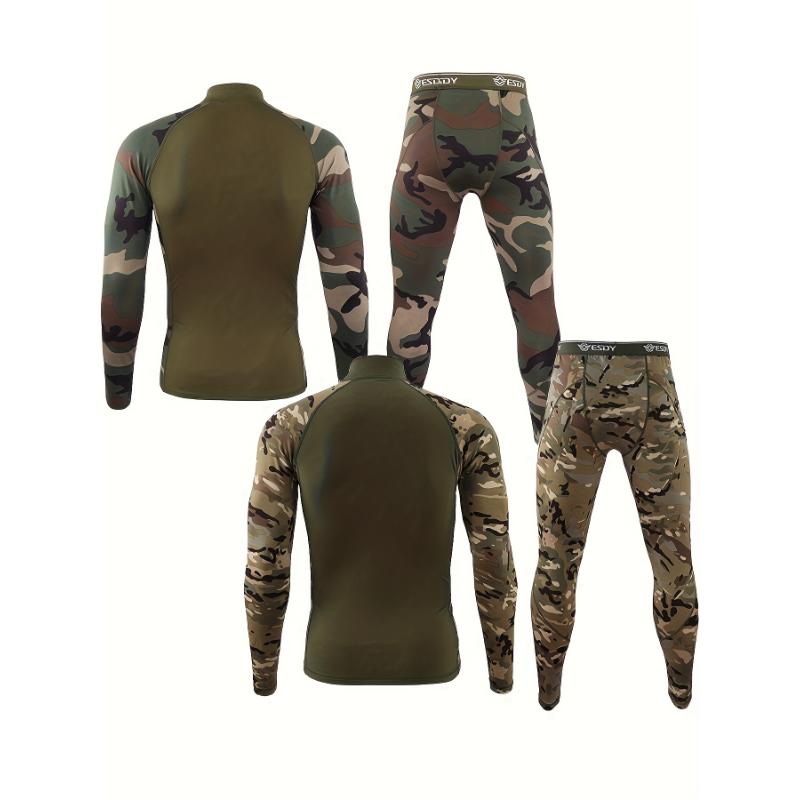 2 Pcs Premium Men's Thermal Underwear Set - Green Camo Sports Bodybuilding Essentials for Cold Weather - 1 4 Zip Neckline Shirt and Leggings for Fitness Enthusiasts Fabric Menswear Fabric Menswear