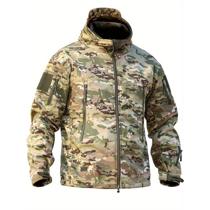 Men's Ultimate Camo Sharkskin Outfit - Windproof, Waterproof, Warm & Breathable Hooded Jacket with Fleece-Lined Pants Set for Hiking, Hunting, Camping | Durable, Comfortable & Versatile