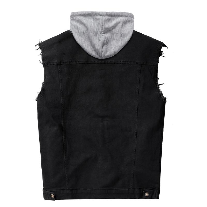 RongYue Men's Denim Vest Casual Button Stretchy Distressed Jean Sleeveless Jacket with Hood