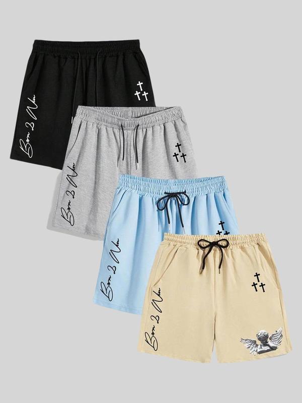 Men's Cross & Letter Print Drawstring Shorts, Casual Streetwear Regular Fit Pocket Elastic Waist Shorts,  Mens Shorts, Summer Outfits, Back To School Clothes, Men's Bottoms for Daily Wear