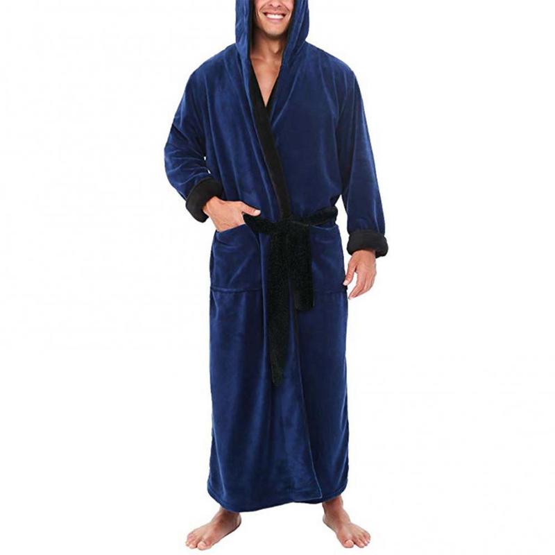 Men Soft Coral Fleece Color Block Pockets Long Bath Robe Home Gown Sleepwear