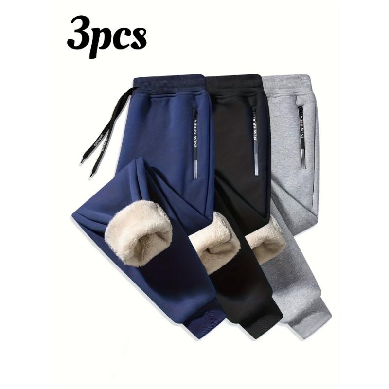 3pcs Men's Fleece Lined Solid Jogger Pants With Drawstring, Casual Thickened Trousers As Gift