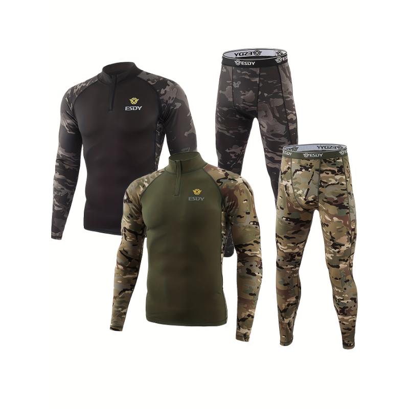 2 Pcs Premium Men's Thermal Underwear Set - Green Camo Sports Bodybuilding Essentials for Cold Weather - 1 4 Zip Neckline Shirt and Leggings for Fitness Enthusiasts Fabric Menswear Fabric Menswear