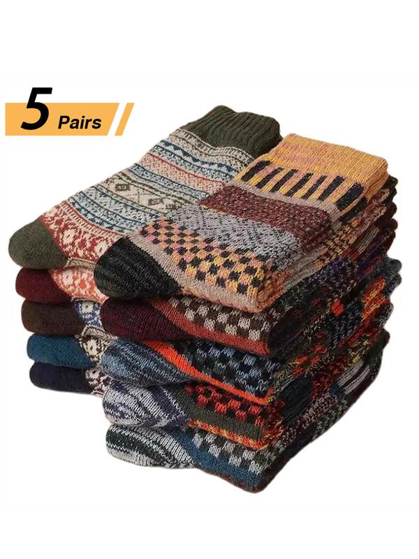 Men's 5 Pairs Vintage Warm Ethnic Pattern Crew Socks, Casual Soft Comfortable Breathable Mid-calf Socks For Daily Wear, Stylish Menswear, Men's Socks & Hosiery