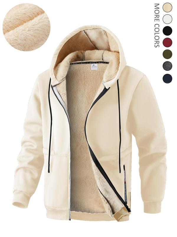 Men's Solid Zip Up Pocket Plush Lined Drawstring Hooded Winter Jacket, Men's Designer Clothes, Regular Fit Casual Warm Long Sleeve Outerwear for Fall & Winter, Streetwear, Fall Jackets for Men, Menswear for Daily Wear