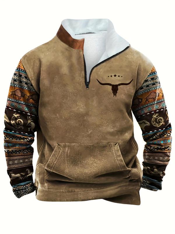 Men's Animal Print Zip Up Sweatshirt, Casual Drop Shoulder Long Sleeve Top for Fall & Winter, Men's Clothes for Daily Wear