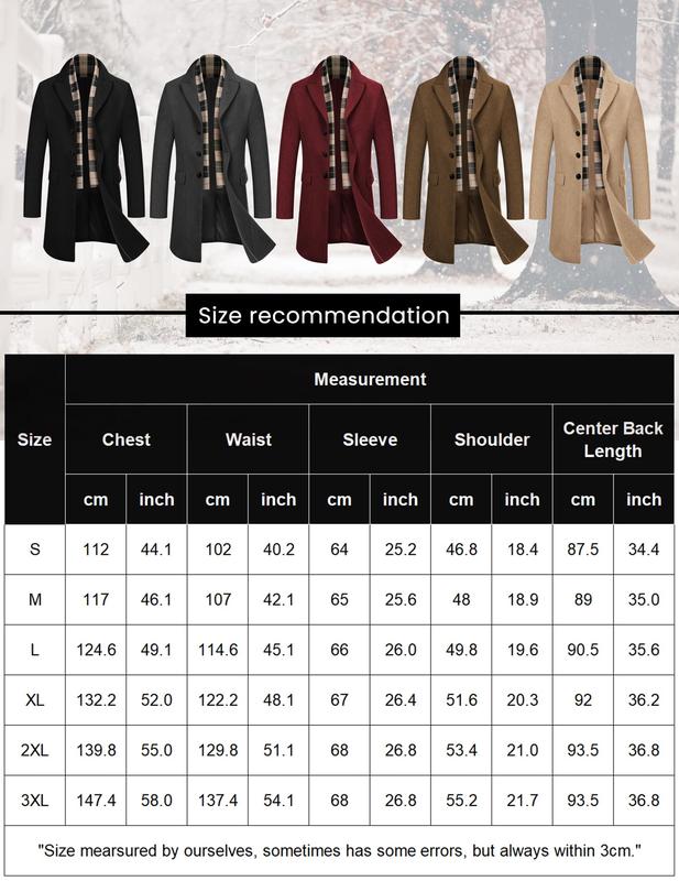 COOFANDY B Men's Wool Blend Coat with Detachable Plaid Scarfs Notched Collar Single Breasted Pea Coat Trench Overcoat