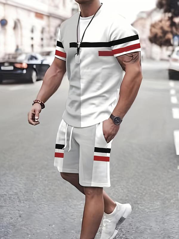 Two Pieces Men's Colorblock Striped Print Drawstring Two-piece Set, Regular Fit Casual Short Sleeve T-shirt & Pocket Shorts, Back To School Clothes, Men's Summer Outfits for Daily Wear