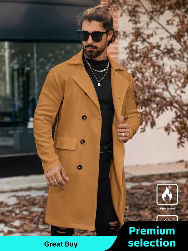 Men's Solid Button Front Lapel Neck Coat, Regular Fit Casual Long Sleeve Pocket Outerwear for Fall & Winter, Men's Clothes for Daily Wear