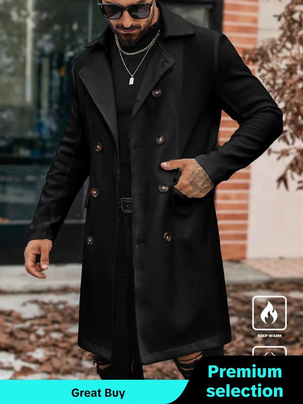 Men's Solid Button Front Lapel Neck Coat, Regular Fit Casual Long Sleeve Pocket Outerwear for Fall & Winter, Men's Clothes for Daily Wear