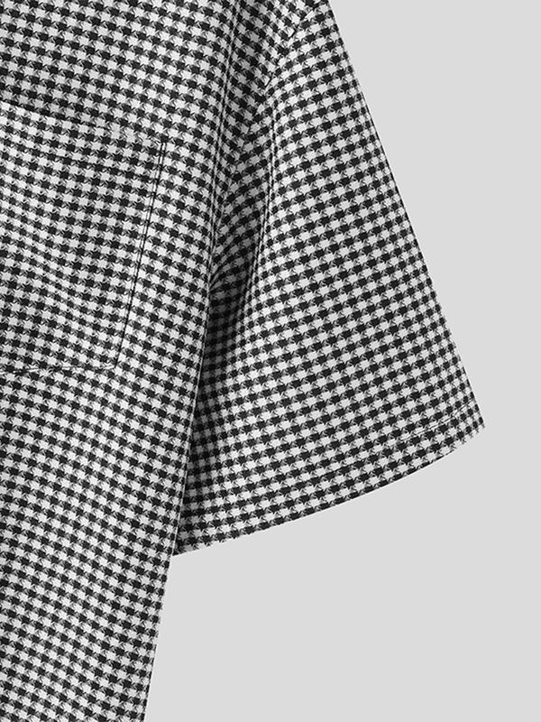 Men's Houndstooth Print Button Front Shirt with Tie, Regular Fit Casual Half Sleeve Pocket Collared Top for Summer, Men's Clothes for Daily Wear