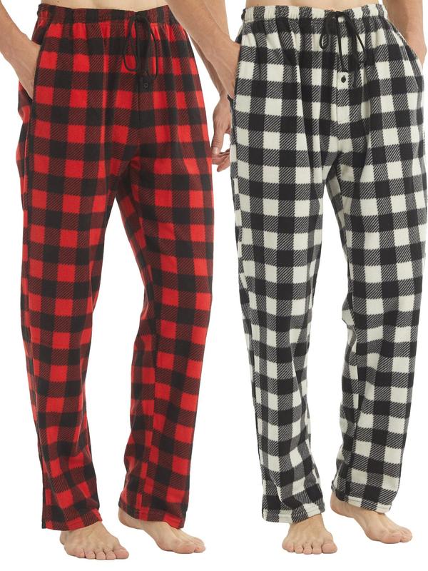 Men's Plaid Print Drawstring Waist Christmas Pajama Pants, Casual Polar Fleece Lounge Trousers for Fall, Lounge Pants, Back To School Wear, Men's Fall Clothing, Male Nightwear, Christmas Pajamas, Warm Bottoms, Fluffy Pajamas, Halloween Pajamas