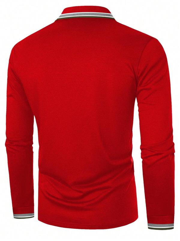 Men's Contrast Binding Polo Shirt, Regular Fit Casual Long Sleeve Button Top, Mens Clothes for Daily Wear