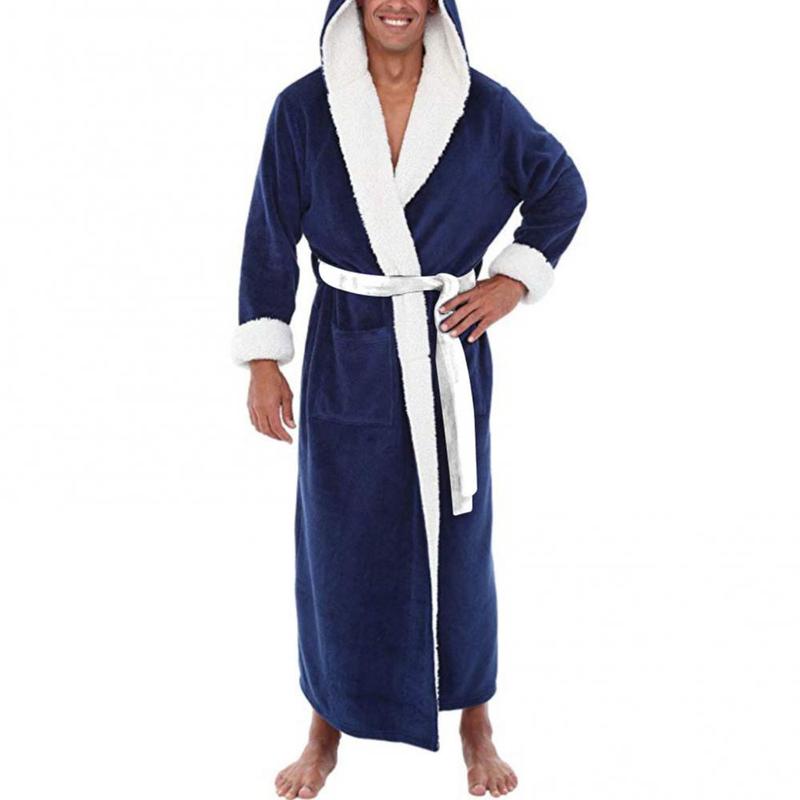 Men Soft Coral Fleece Color Block Pockets Long Bath Robe Home Gown Sleepwear