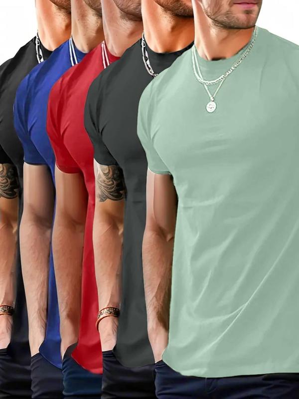 Men's Regular Fit 5pcs Plain Round Neck Tee, Summer Outfits, Casual Solid Short Sleeve T-shirt for Summer, Men's Top for Daily Streetwear, Shortsleeve Plain Tee