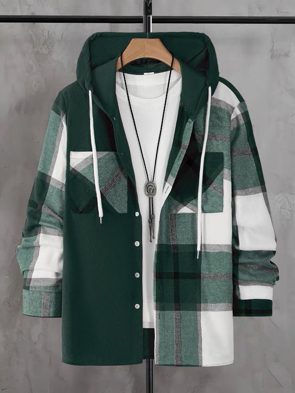 Men's Plaid Print Button Front Drawstring Hooded Shirt, Regular Fit Casual Long Sleeve Pocket Outerwear for Spring & Fall, Shirts for Men, Fashion Men's Clothes for Daily Wear