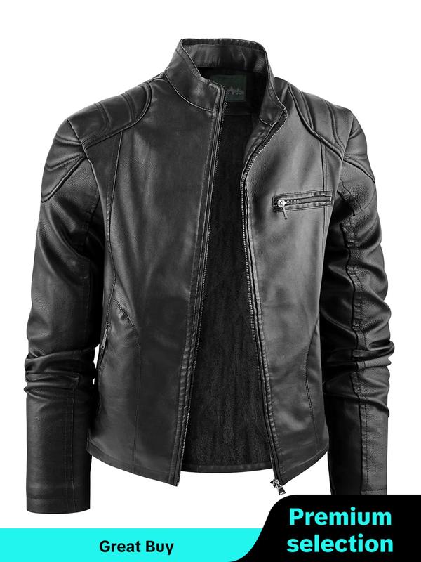 Men's Solid Color Pocket Zipper Pu Leather Jacket, Regular Fit Casual Long Sleeve High Neck Outerwear for Fall & Winter, Men's Clothes for Daily Wear, Men's Jackets, Varsity Jackets