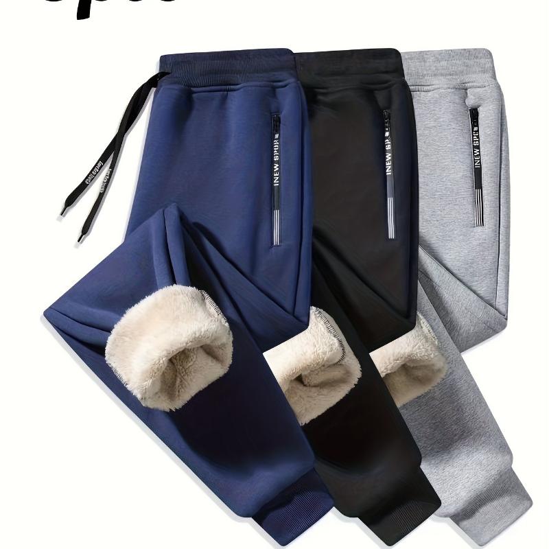 3pcs Men's Fleece Lined Solid Jogger Pants With Drawstring, Casual Thickened Trousers As Gift