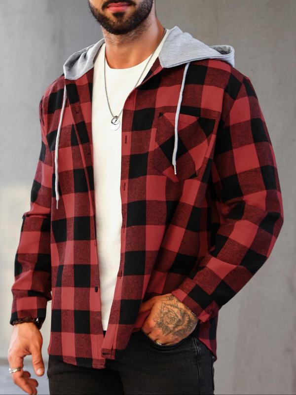 Men's Patchwork Plaid Print Button Front Hooded Jacket, Casual Regular Fit Long Sleeve Drawstring Pocket Outerwear for Fall & Winter, Men's Clothes for Daily Wear