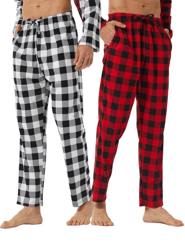 Men's Plaid Print Drawstring Waist Lounge Pants, Casual Comfy Elastic Waist Pocket Sleep Pants for All Seasons, Men's Sleepwear for Daily Wear